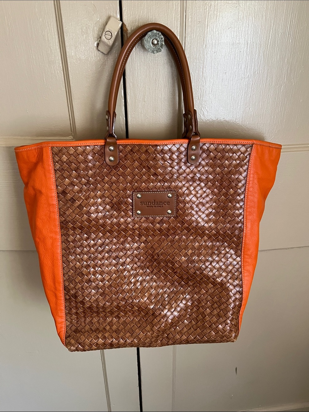 Sundance Brown Woven Front Tote with Orange Sides